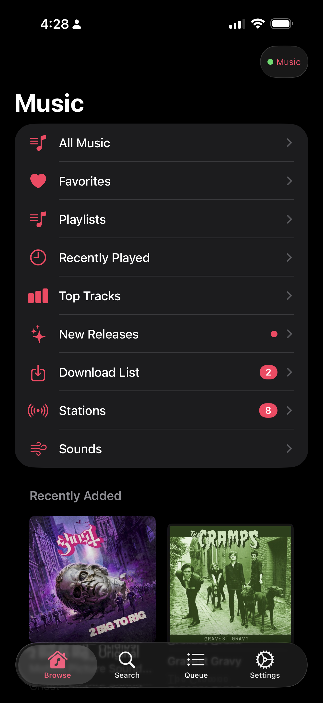 The library, served straight off the NAS — alongside stations, the download queue, and the ambient sound bank.