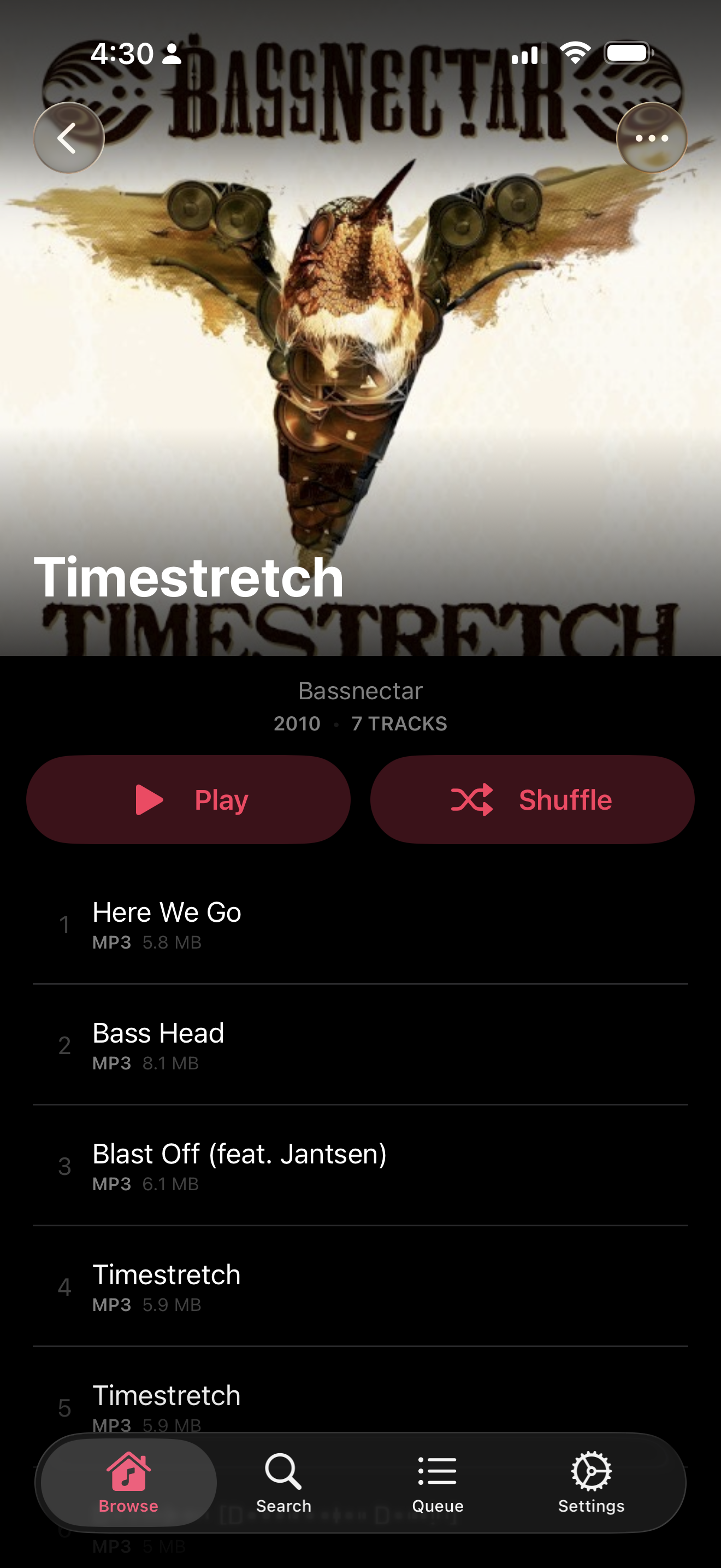 An album pulled from the SMB share, listing the file size of every track it would cache for offline.