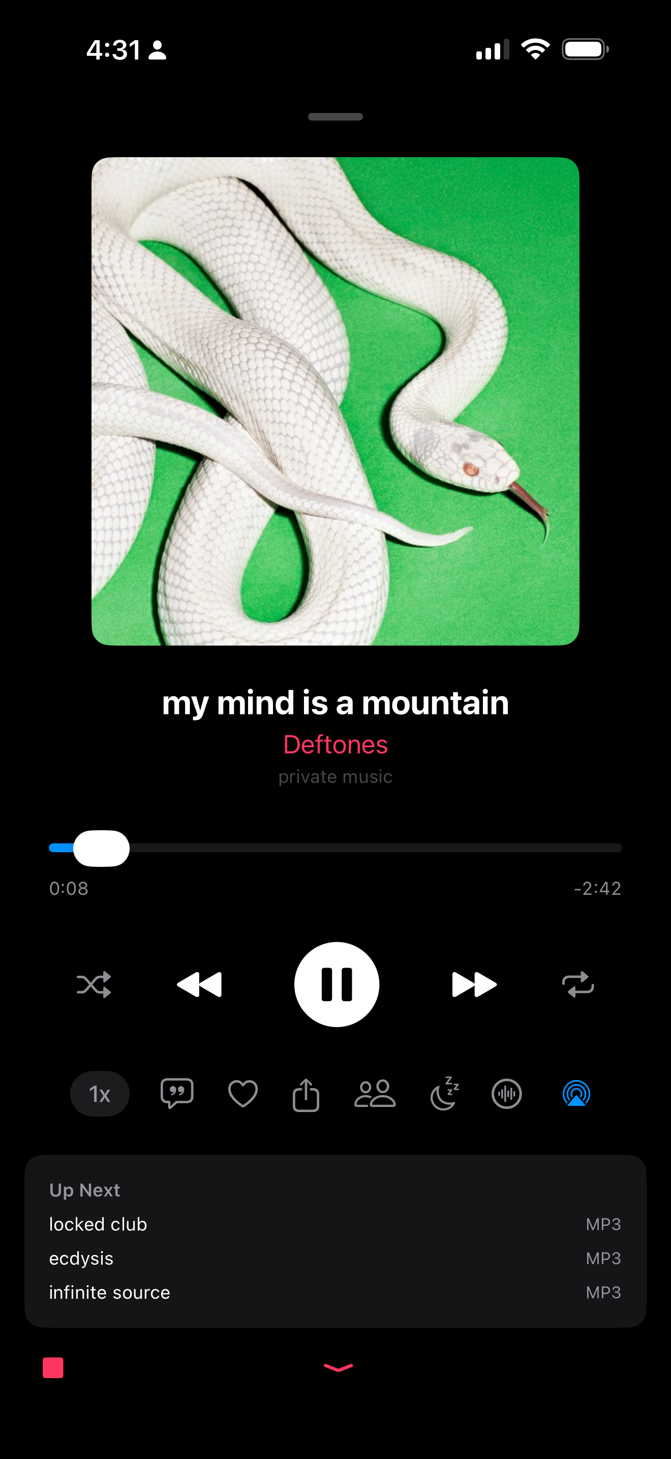 Now playing, with the sleep timer and the listen-together controls one tap from the transport.