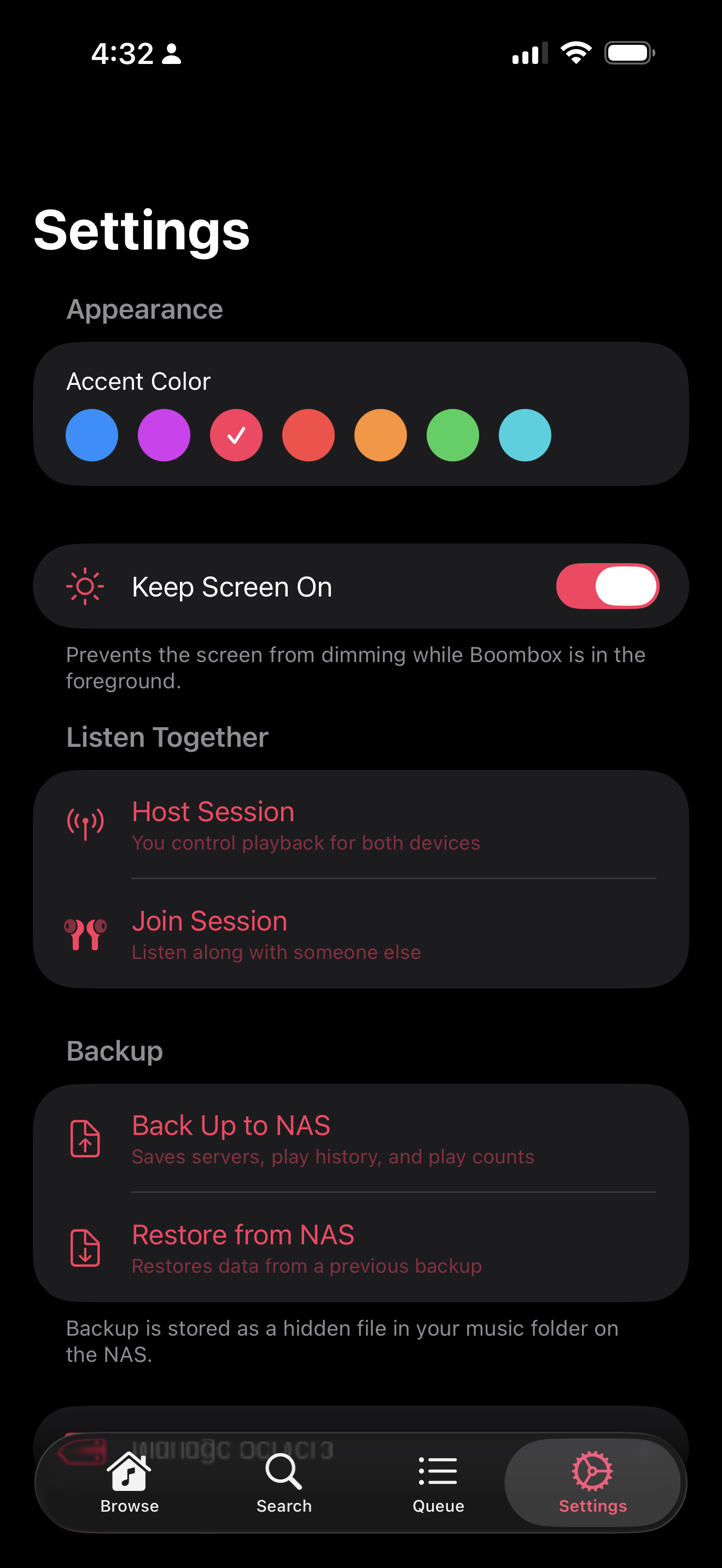 Settings: accent colour, a shared listening session, and backup written back to the NAS itself.