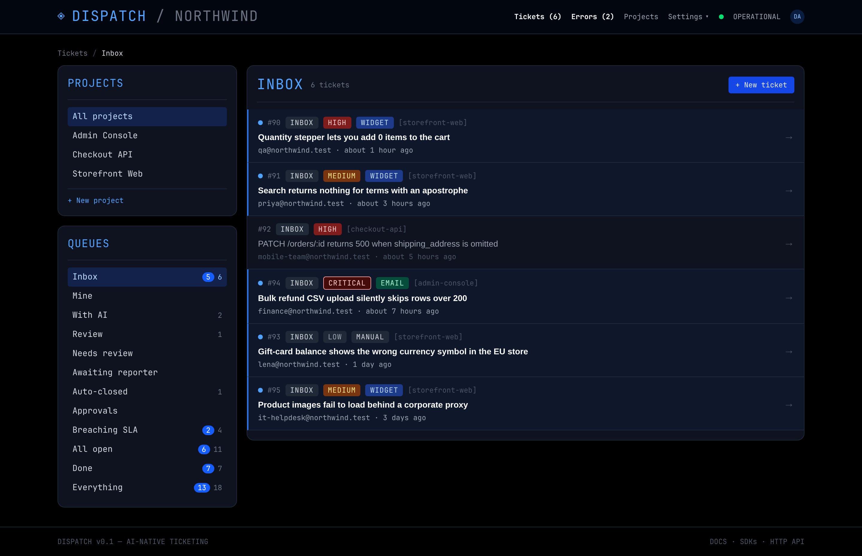 The inbox: every project's reports in one queue, filtered by state, severity, and SLA.