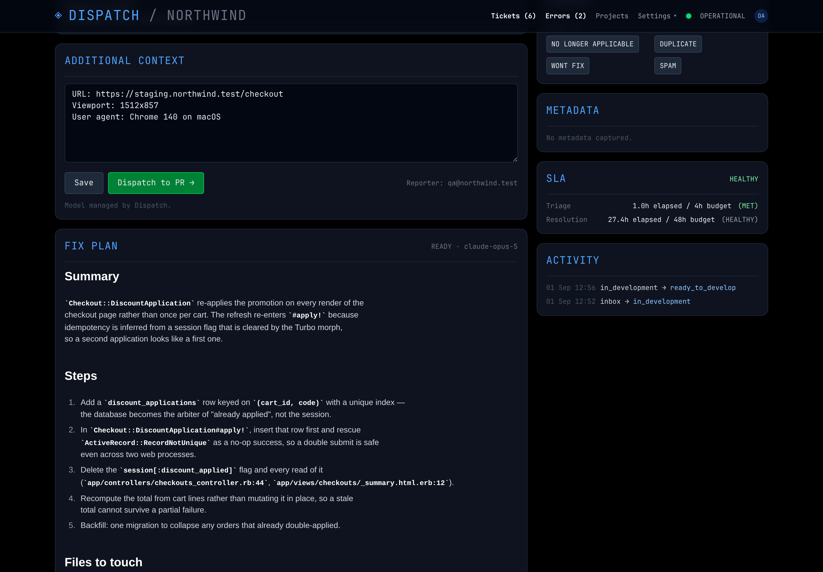 A fix plan Claude wrote after reading the repository — real files, real call sites.