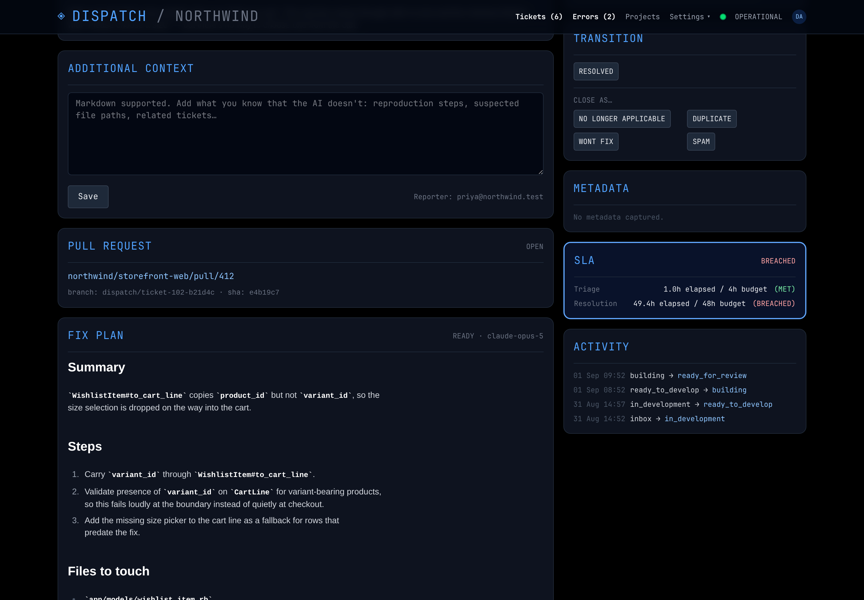 The pull request it opened, its branch and SHA, and an SLA already breached.