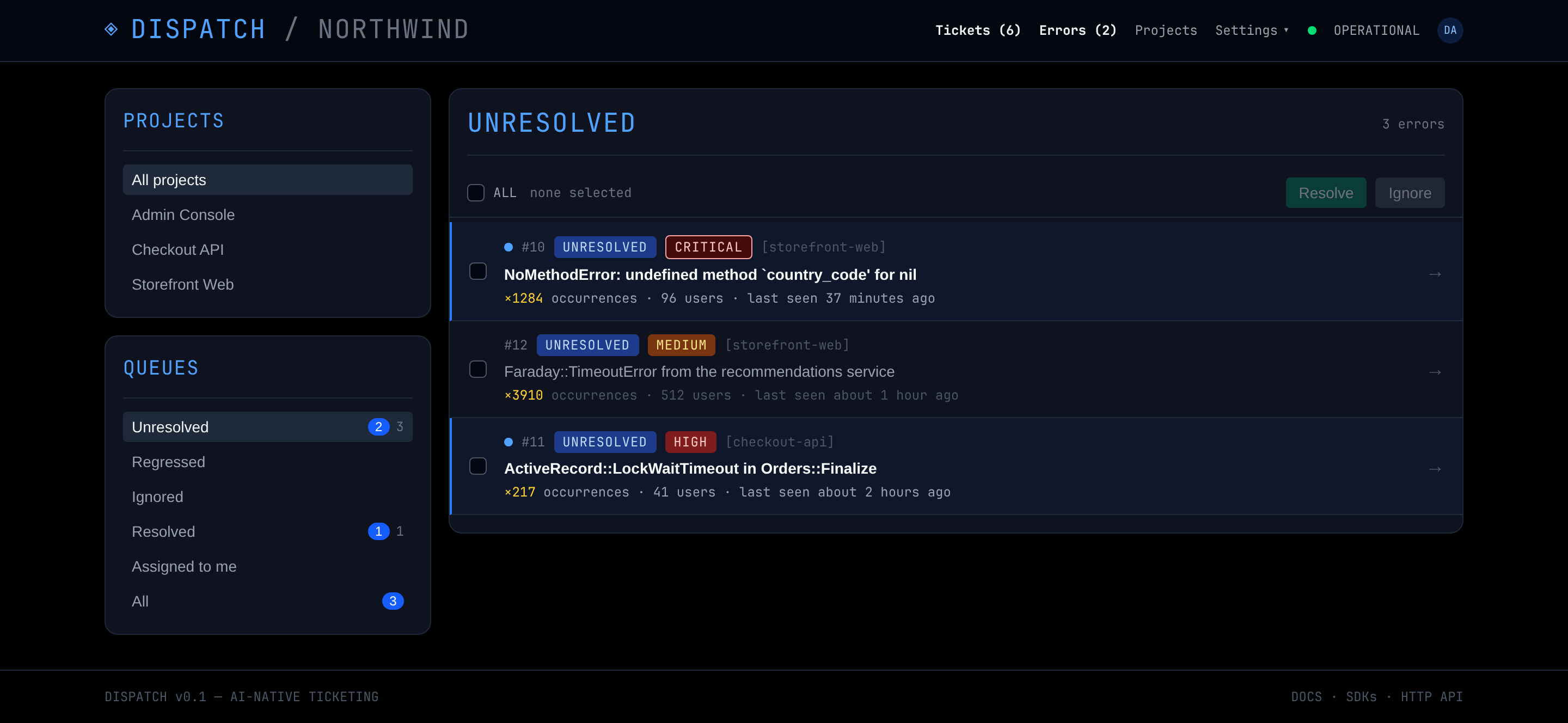 Tracked exceptions, deduplicated by fingerprint and counted by affected user.