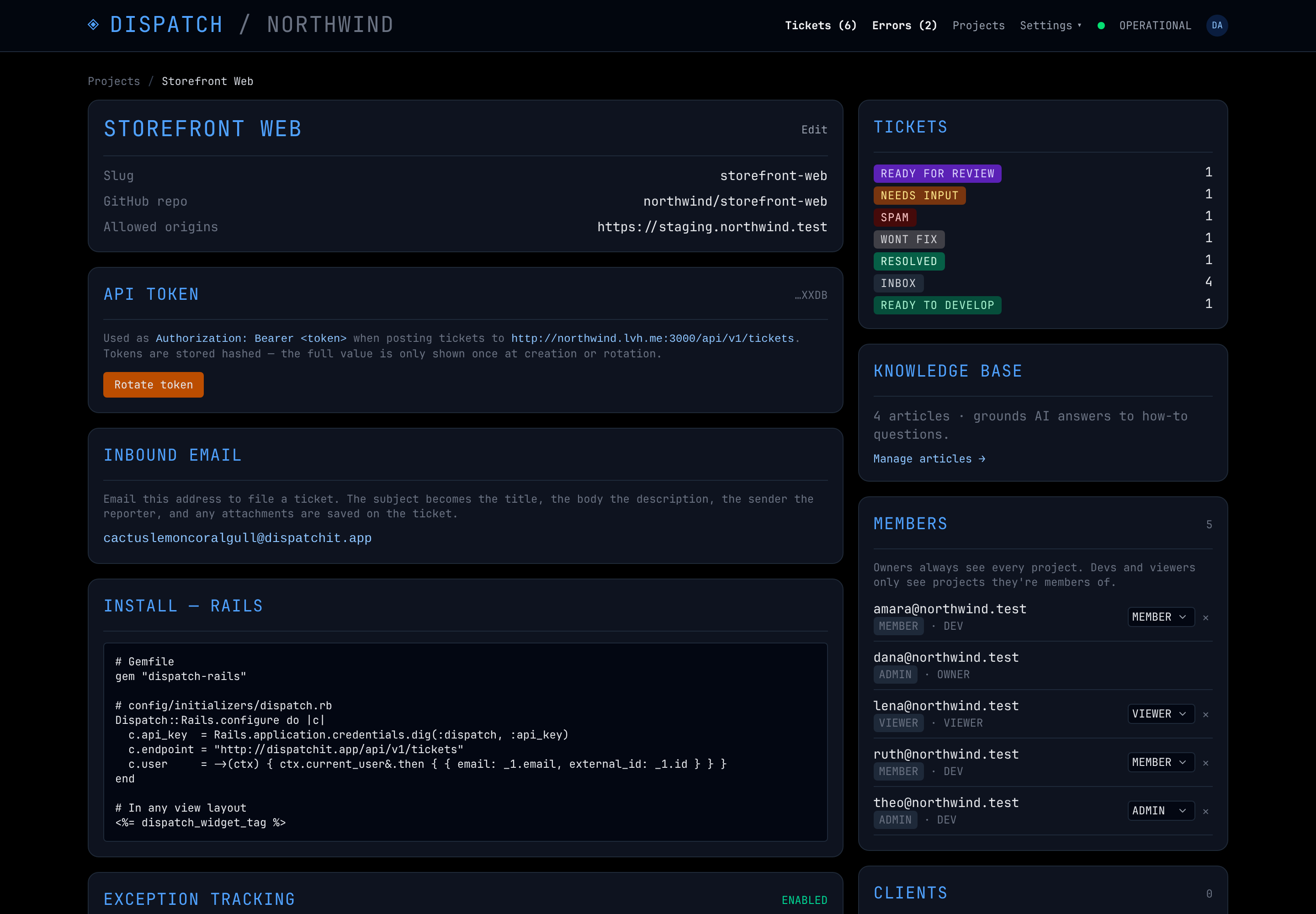 Per-project setup: API token, inbound email address, and the widget snippet.