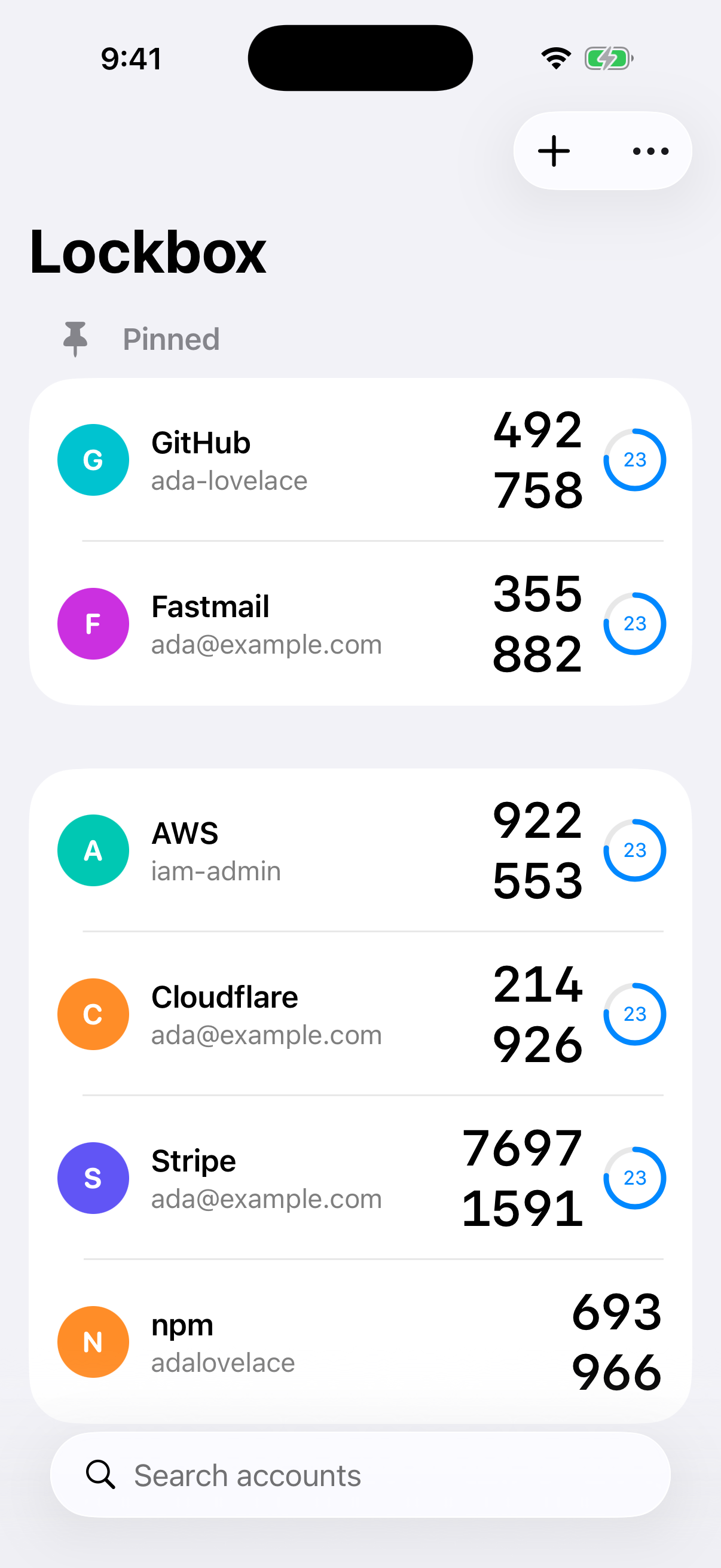 Pinned accounts first, each code counting down on its own ring — generated on the device, with nothing to sync.