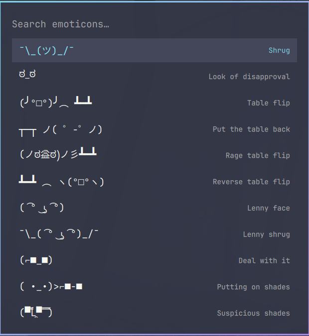 The Emoticons panel open in the Omarchy bar