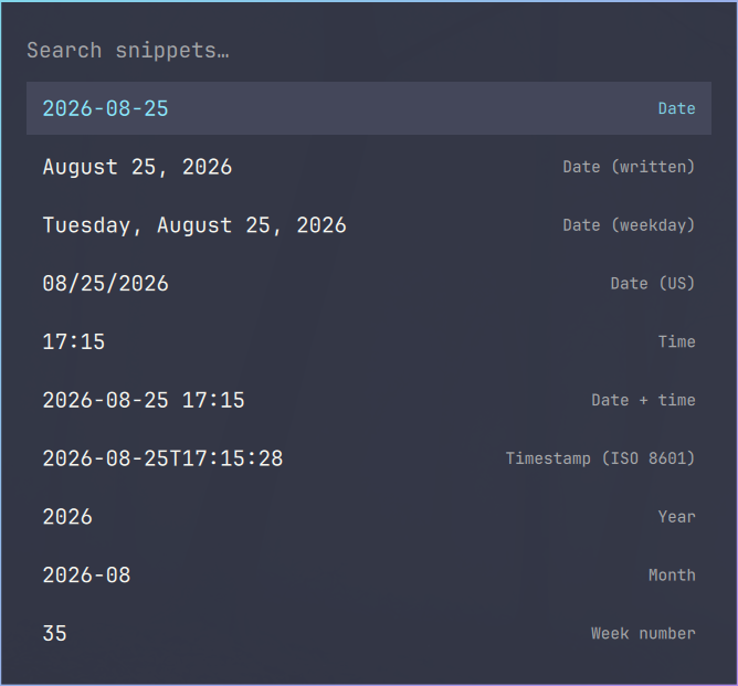 The Snippets panel open in the Omarchy bar