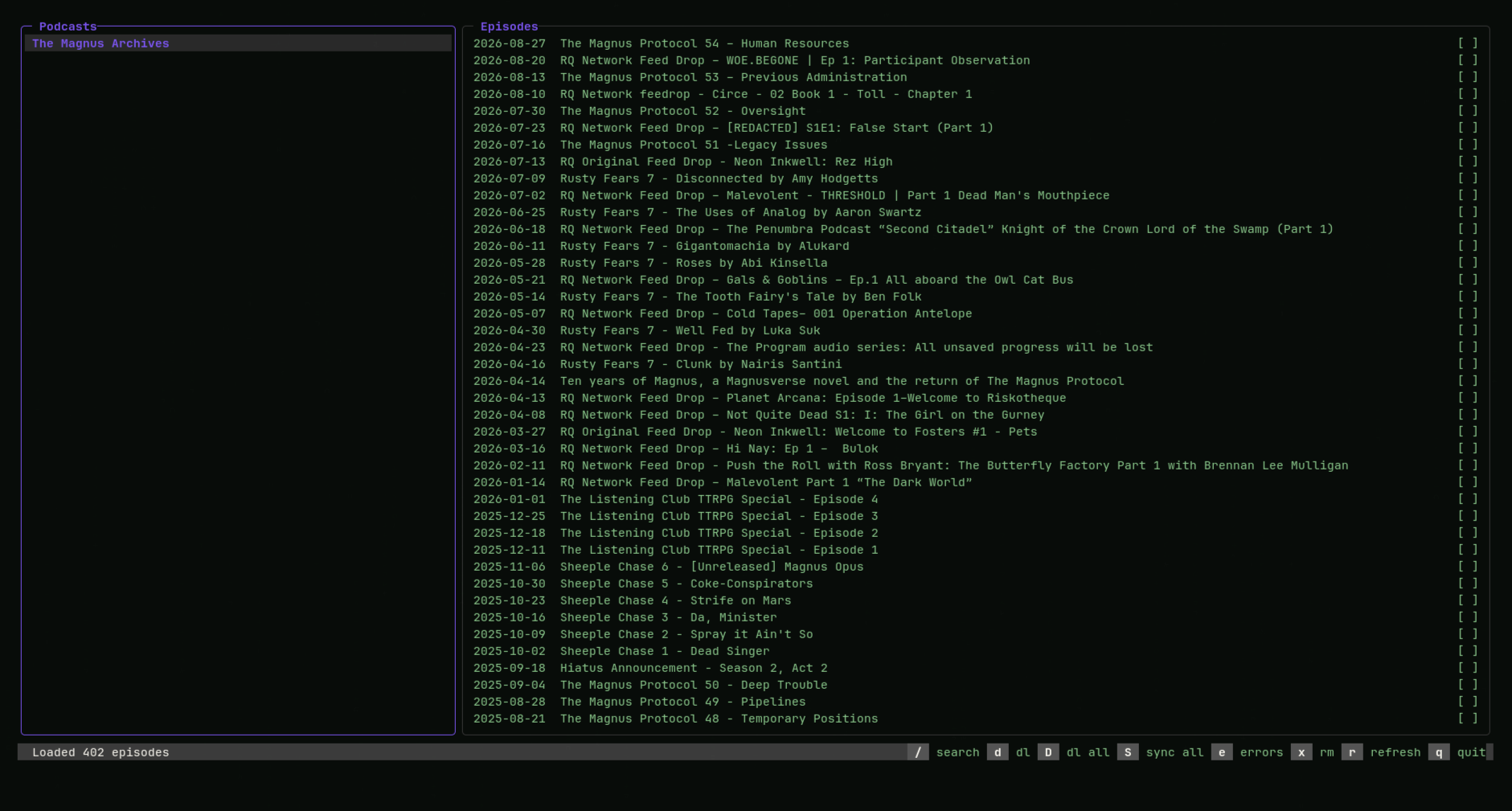 The terminal UI: subscribed feeds on the left, 402 episodes on the right, keybindings along the bottom.