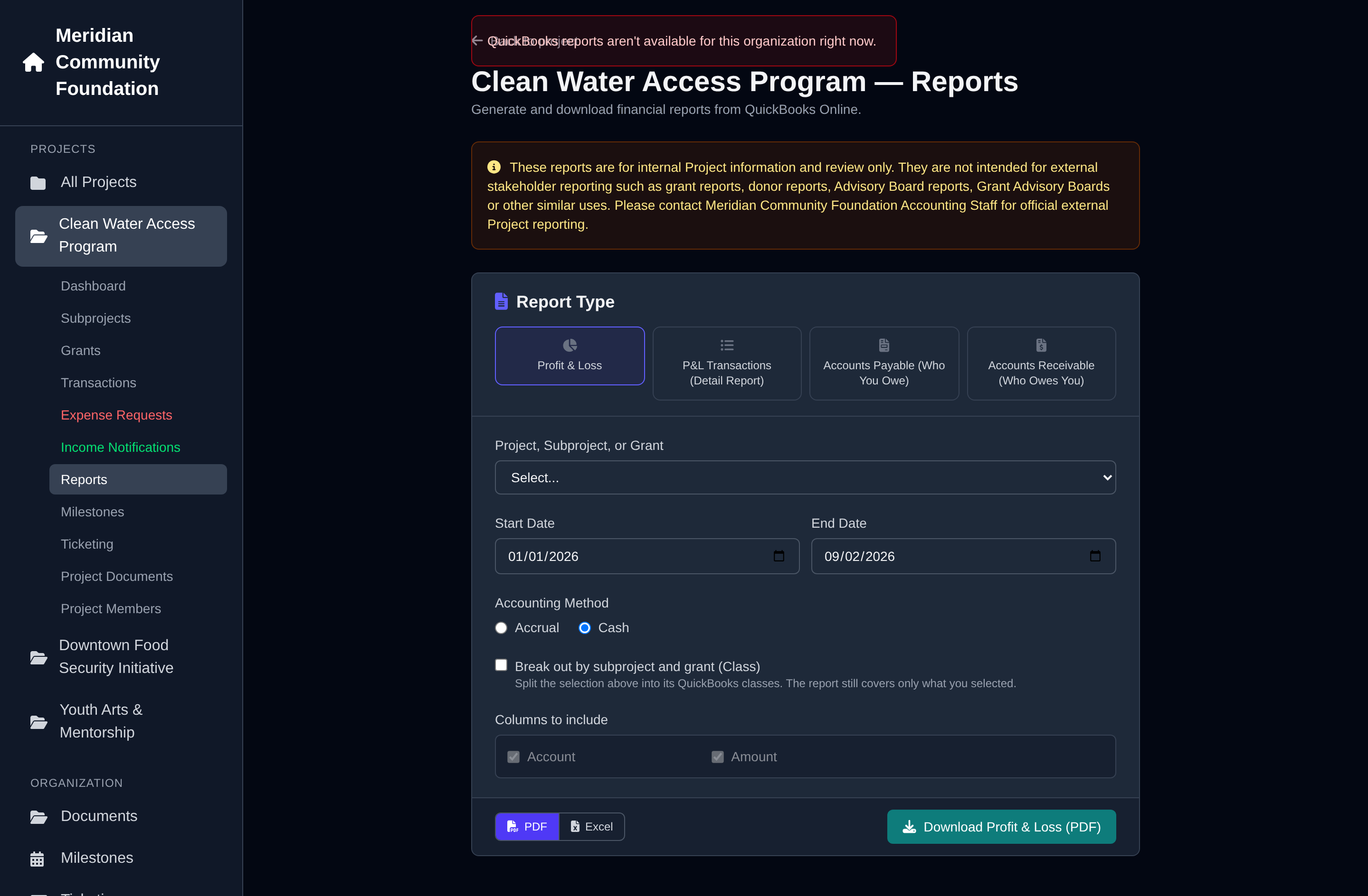 Aging reports, read from the accounting system rather than recomputed locally.