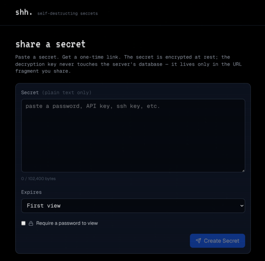 Composing a secret: choose when it dies, optionally gate it behind a password, and the key never leaves the URL fragment.