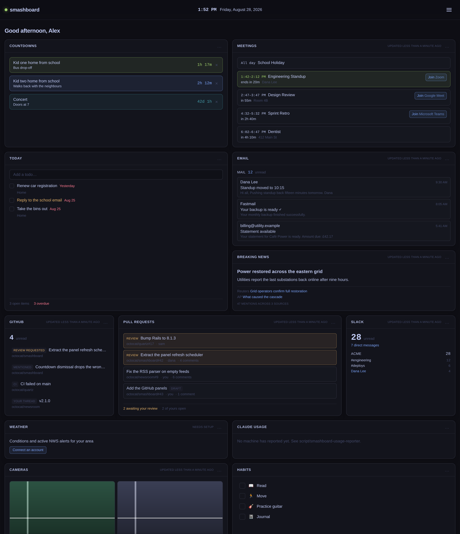 The Smashboard dashboard with panels for meetings, mail, GitHub, todos, countdowns and breaking news