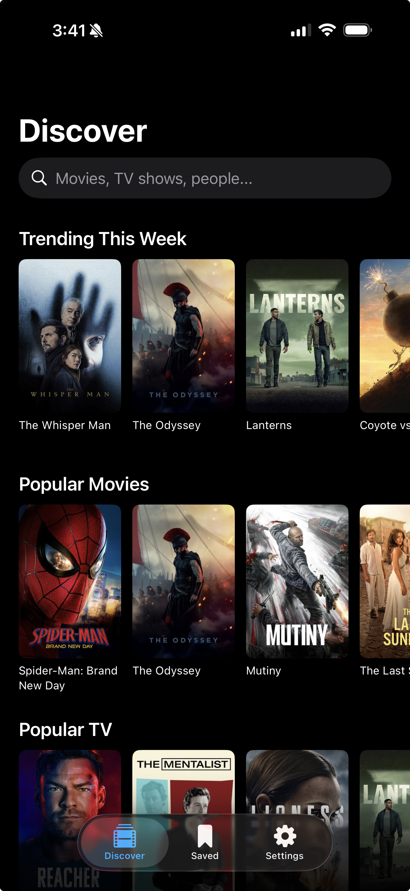 Discover: trending this week, popular movies, and popular TV, over one search across titles and people.