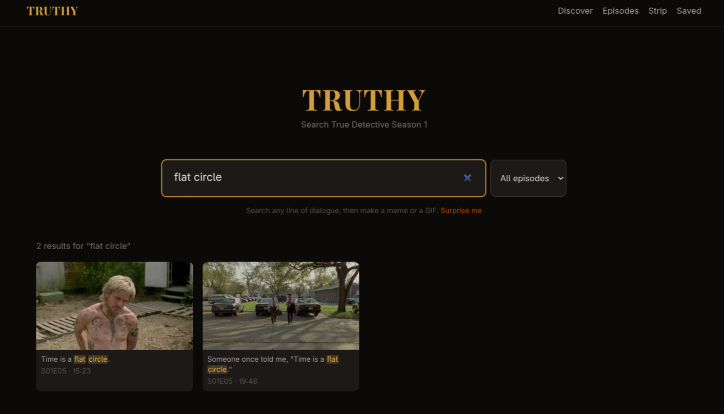 Search any line of dialogue; results come back as frames with the matched words highlighted.