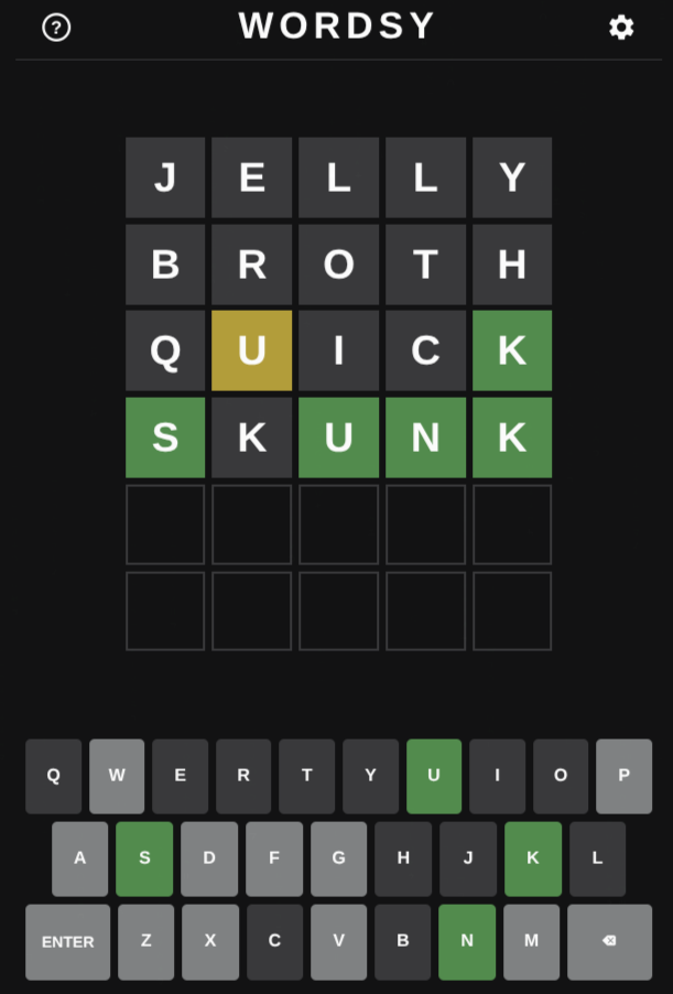Four guesses in, with the on-screen keyboard tracking which letters are still live.